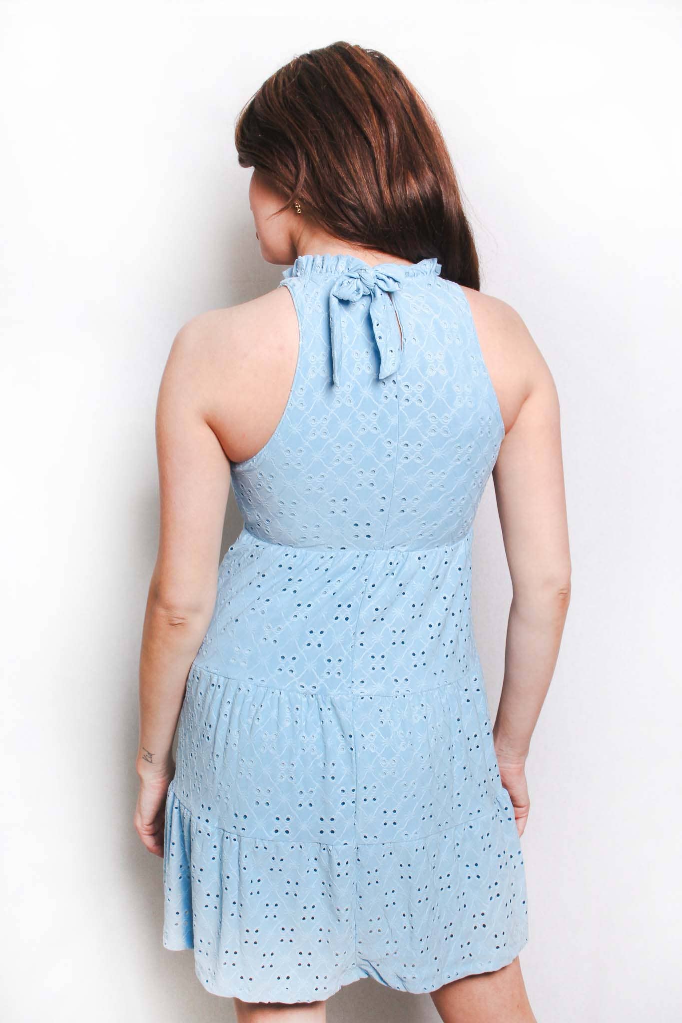 Sleeveless Halter Ruffle Neck Eyelet Tiered Dress