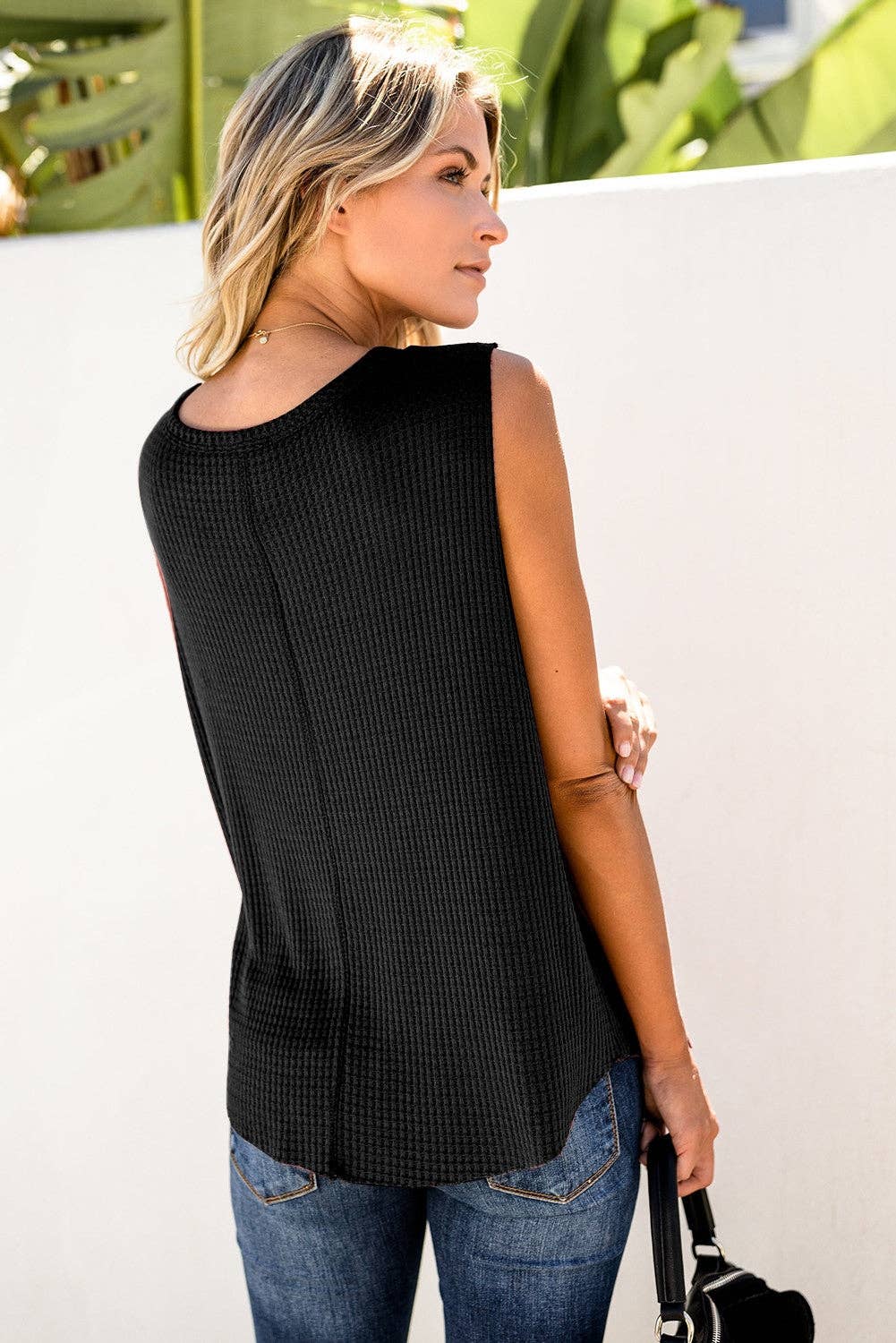 Evelyn Everyday Waffle Top in Black