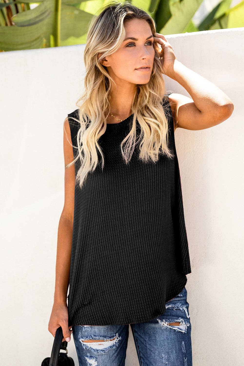 Evelyn Everyday Waffle Top in Black
