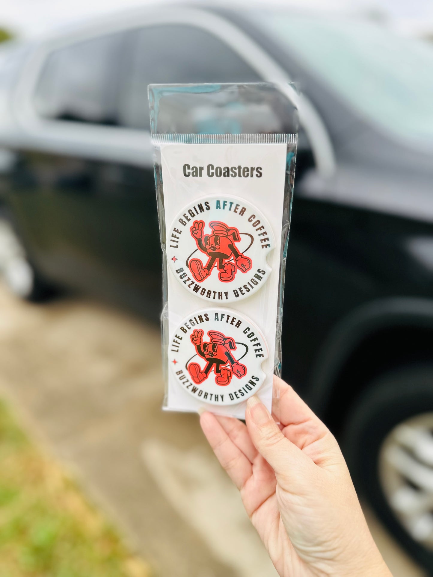 Set of 2 Ceramic Car Coasters-Life begins after coffee