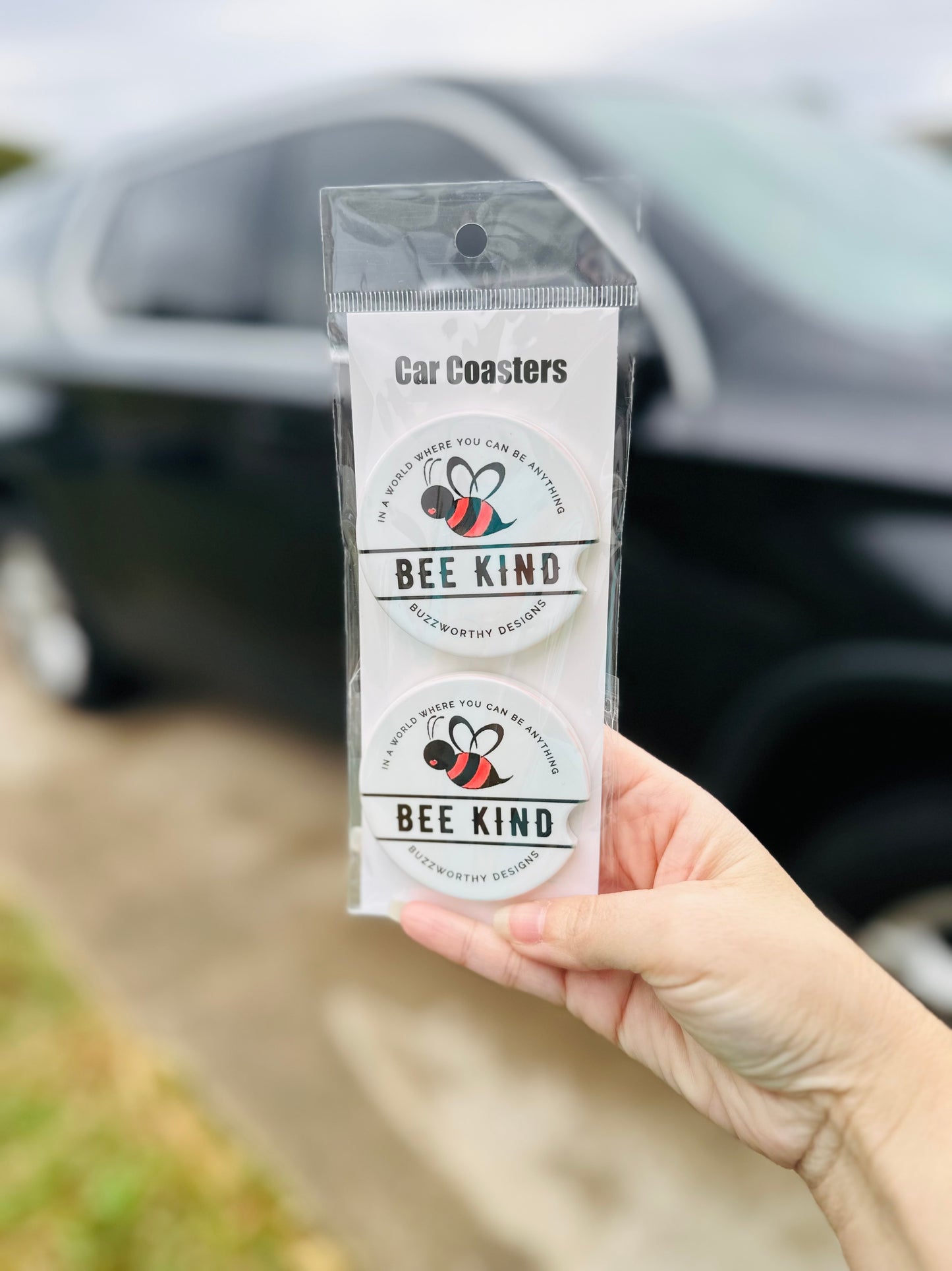 Set of 2 Ceramic Car Coasters-Bee Kind