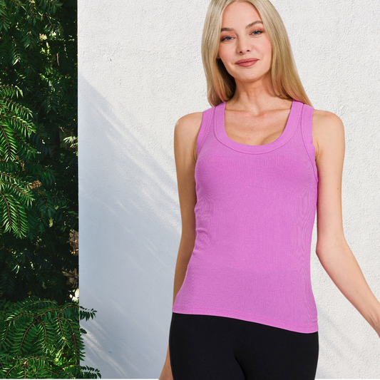 Ribbed Scoop Neck Tank Top in Bright Mauve