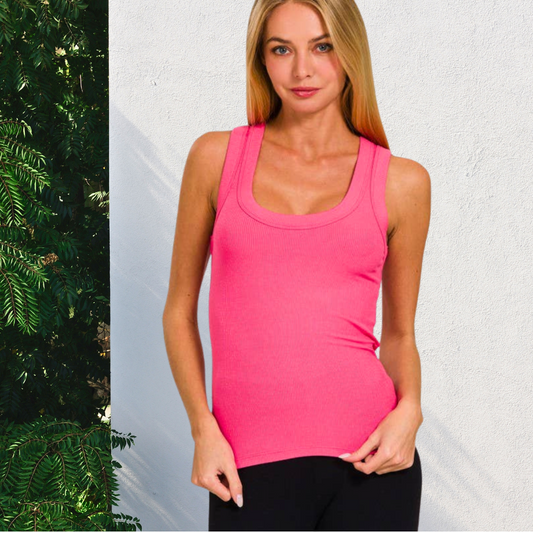 Ribbed Scoop Neck Tank Top in Fuschia
