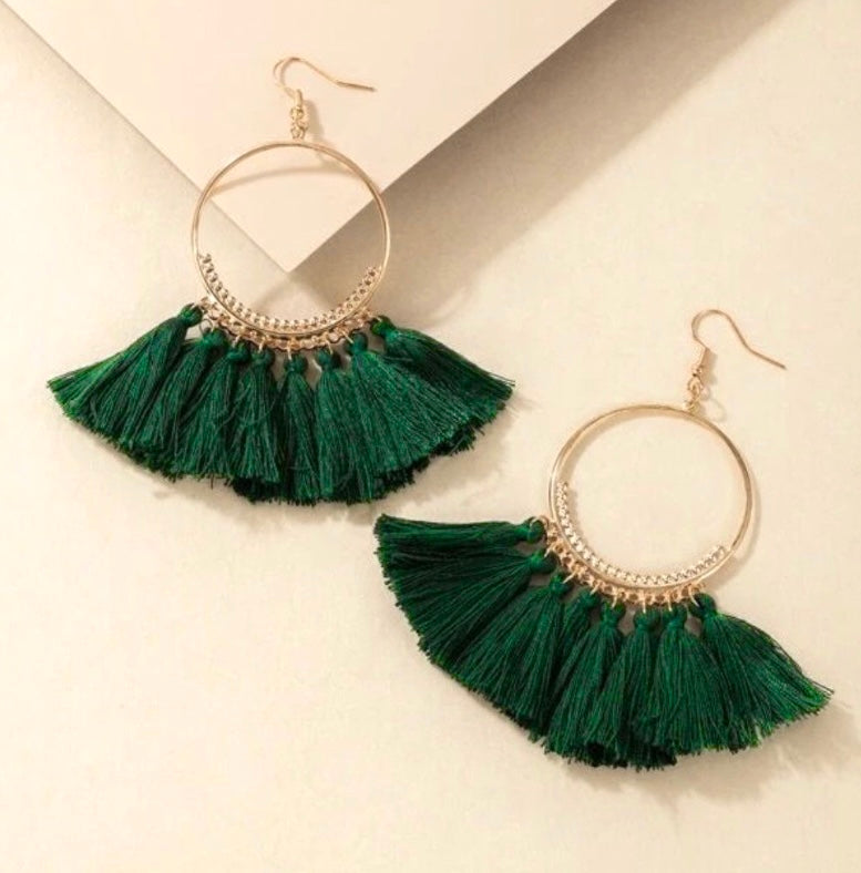 Dark Green Bohemian  Hoop Tassle Earrings