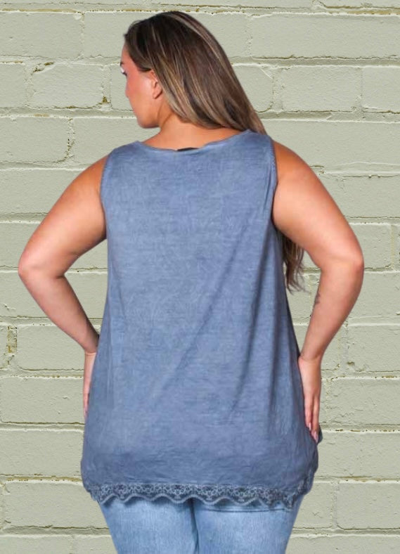 Women's Plus Sleeveless Lace Neck & Hem Detail Top in Blue Arona