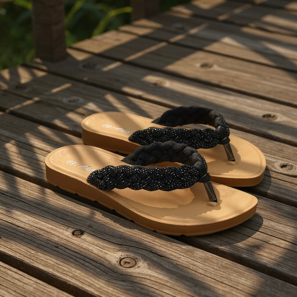 Foreverlink Rhinestone Braided Flip Flops in Black