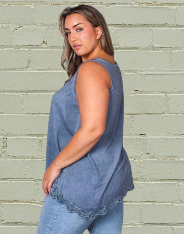 Women's Plus Sleeveless Lace Neck & Hem Detail Top in Blue Arona