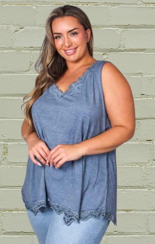 Women's Plus Sleeveless Lace Neck & Hem Detail Top in Blue Arona
