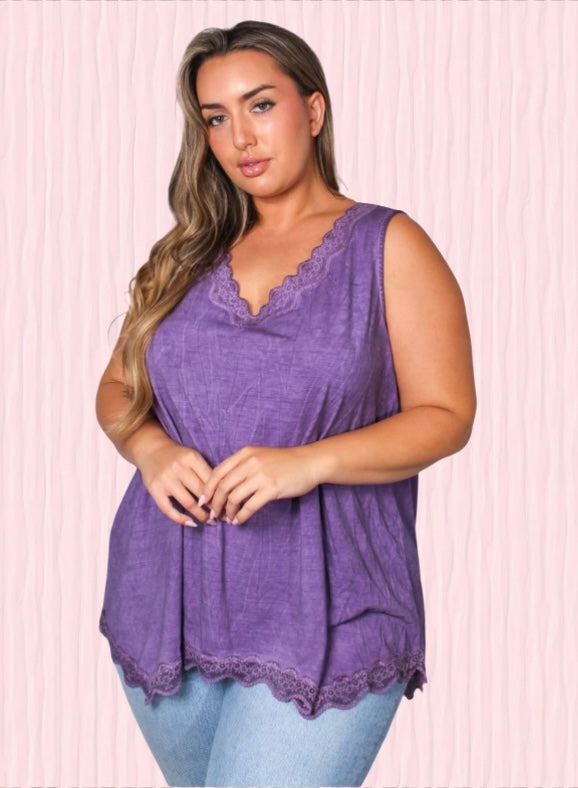 Women's Plus Sleeveless Lace Neck & Hem Detail Top in Grape