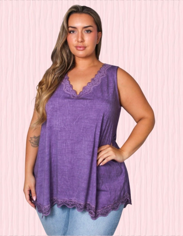 Women's Plus Sleeveless Lace Neck & Hem Detail Top in Grape