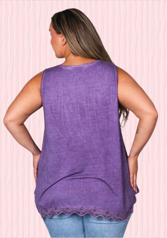 Women's Plus Sleeveless Lace Neck & Hem Detail Top in Grape