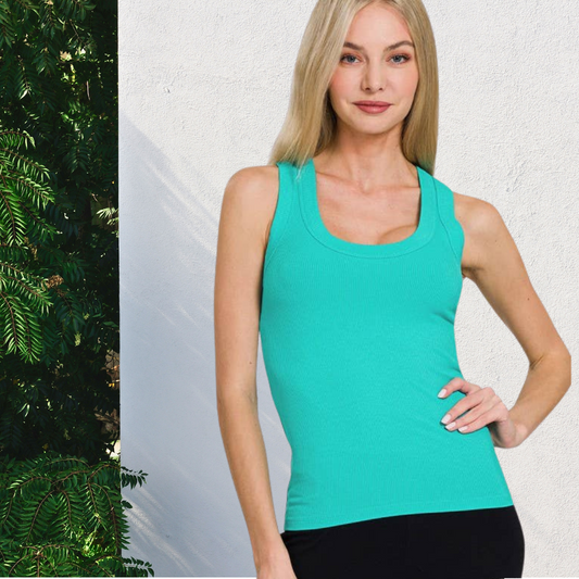 Ribbed Scoop Neck Tank Top in Turquoise