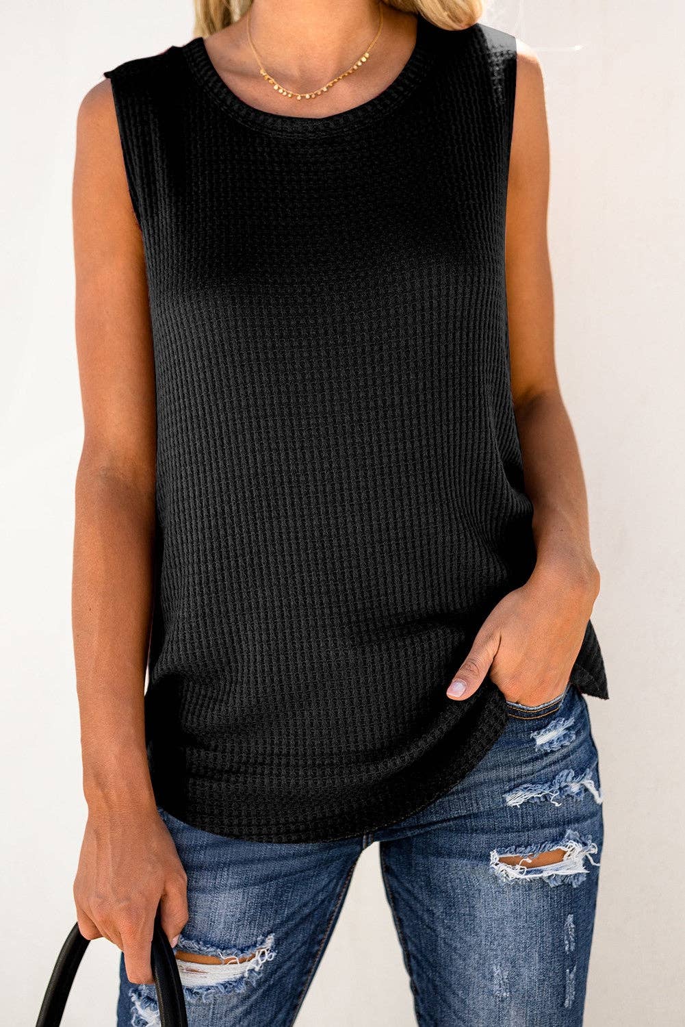 Evelyn Everyday Waffle Top in Black