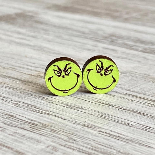 Green Guy Wooden Stud Earrings