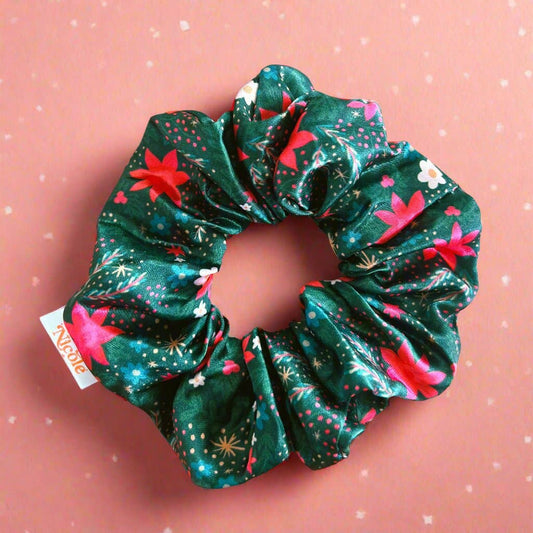 Holiday Poinsettia Print Satin Scrunchie