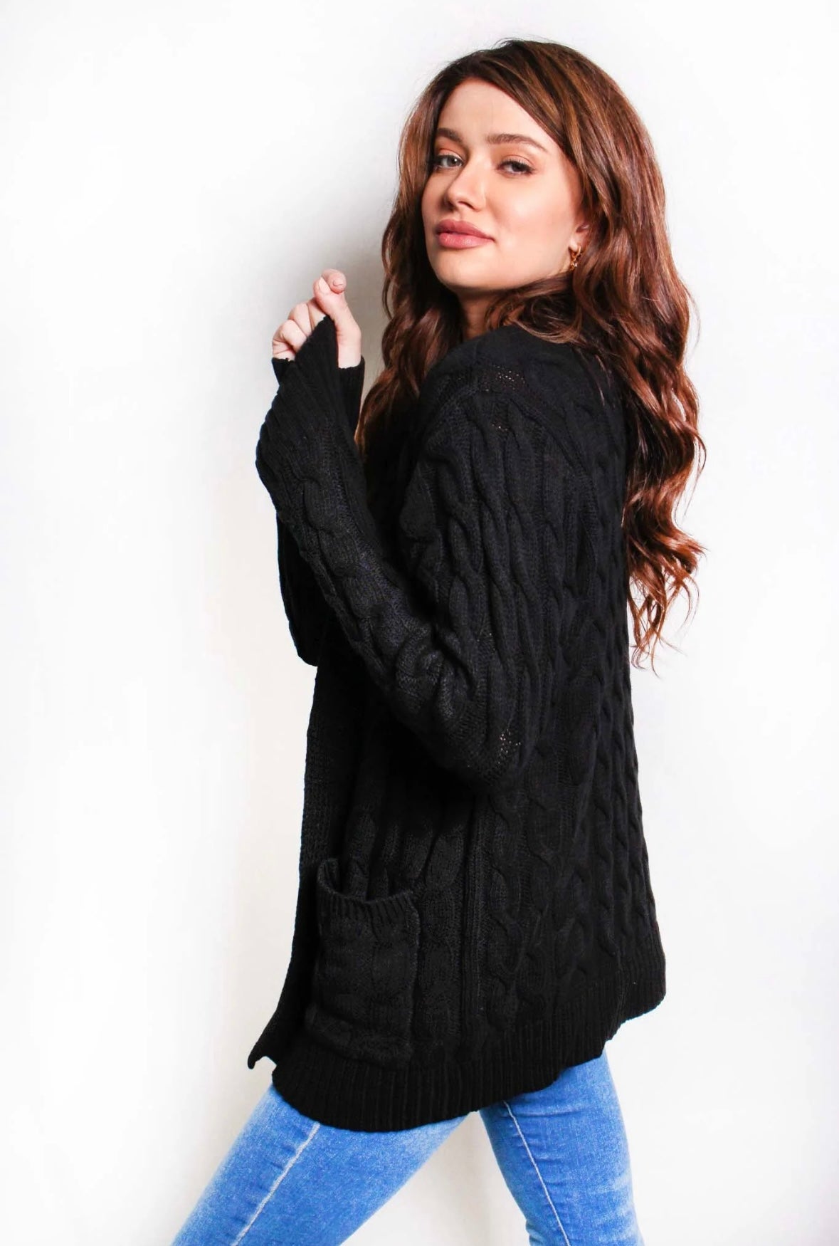 Open Front Cable Knit Sweater in Black