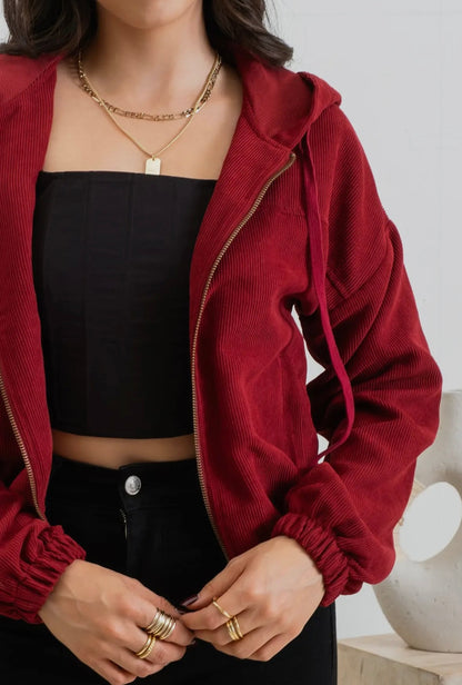 Corduroy Zip Up Hooded Jacket in Burgandy