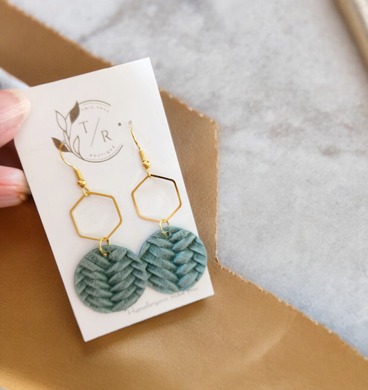 The Harper – Mint Leather & Gold Hexagon Earrings