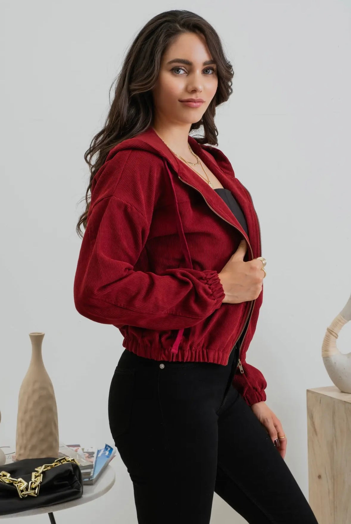 Corduroy Zip Up Hooded Jacket in Burgandy