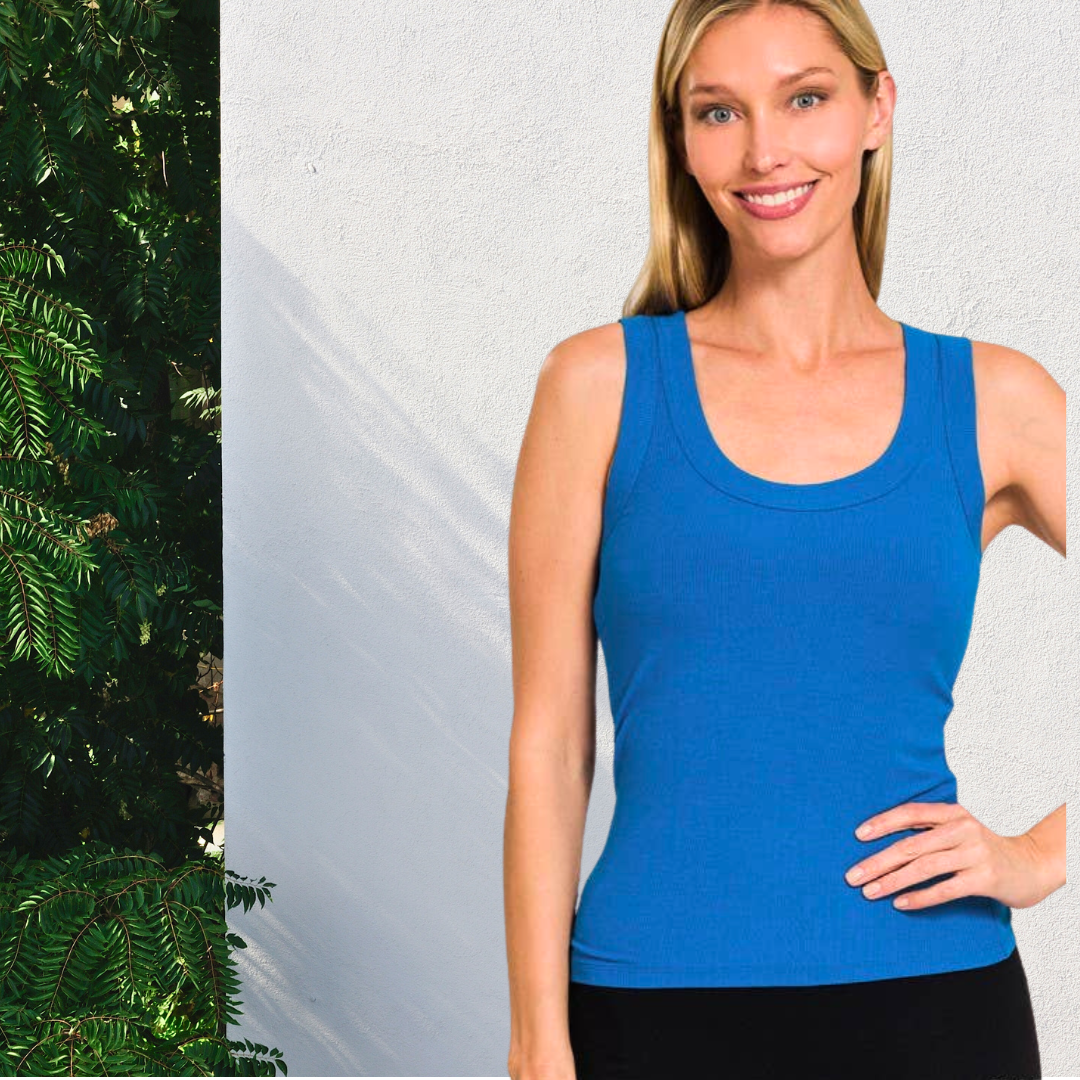 Ribbed Scoop Neck Tank Top in Classic Blue