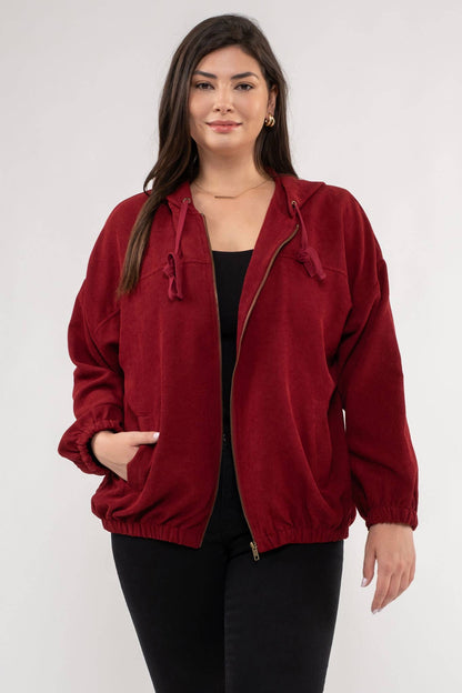 Corduroy Zip Up Hooded Jacket in Burgandy