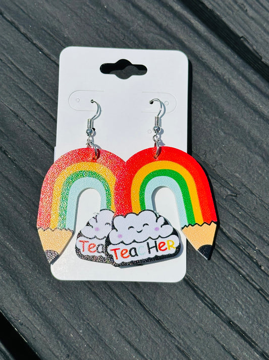 Rainbow+Cloud Leather Teacher Earrings