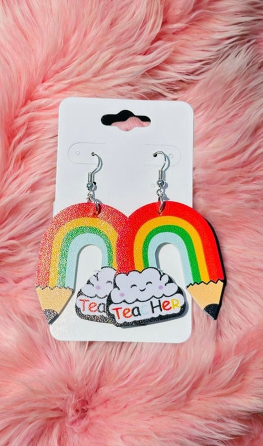 Rainbow+Cloud Leather Teacher Earrings