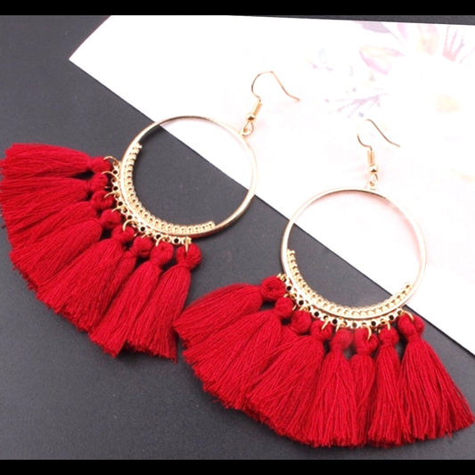 Red Bohemian Tassle Hoop Earrings