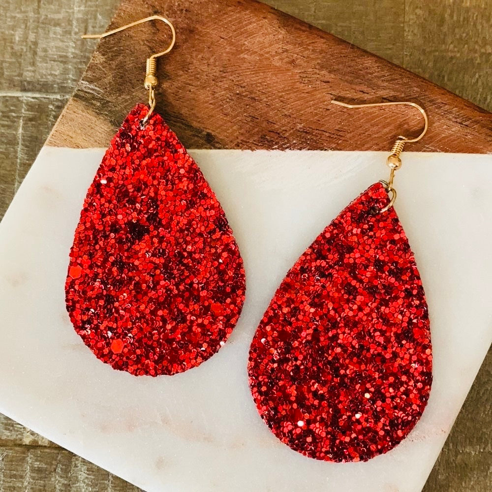 Red Glitter Leather Teardrop Earrings