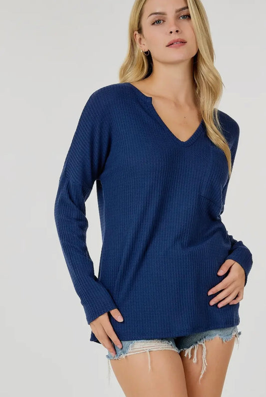 Daphne Deep V Neck Waffle Knit Top in Dark Navy