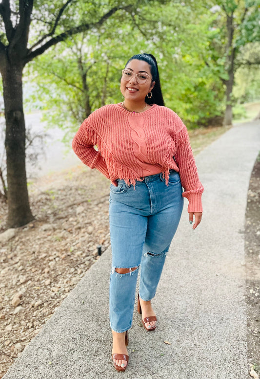 Peach Wood Fringe Knit Sweater